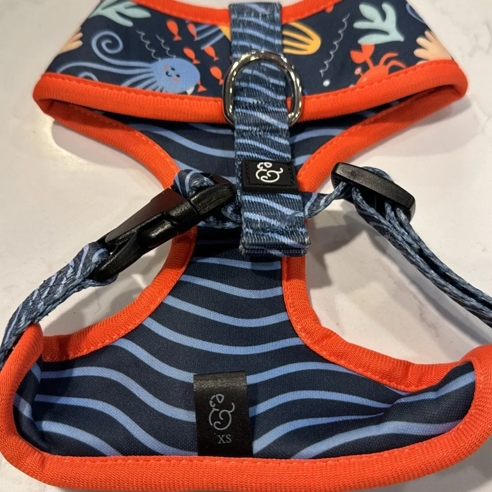 Navy Ocean Print Dog Harness with Orange Trim